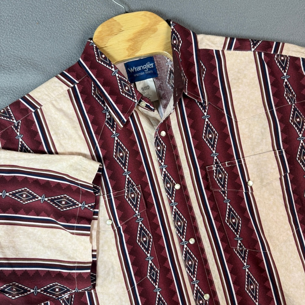 Vtg Wrangler Western Shirt Men XXL Short Sleeve Burgundy Southwestern Pearl Snap
